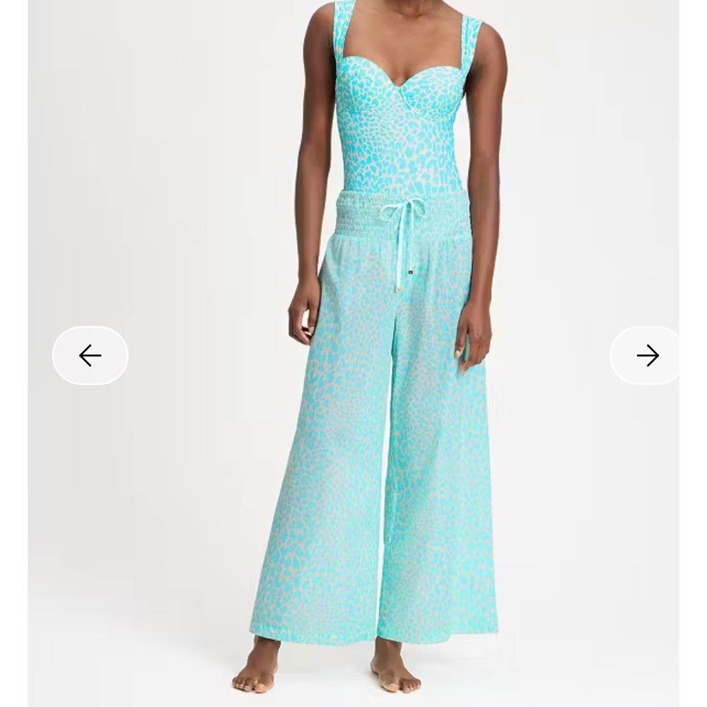 Kate Spade Beach Pants large Turquoise New Leopard Smocked Wide Leg Cover Up